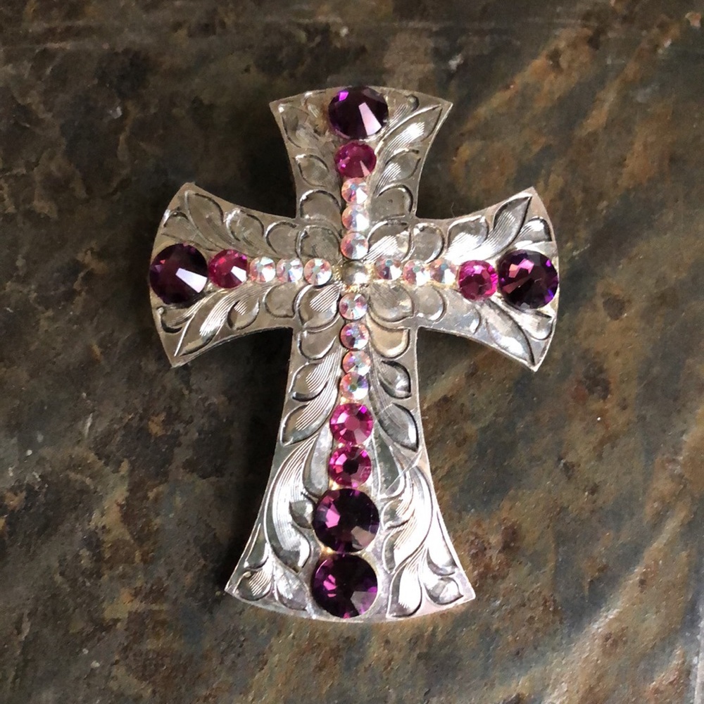 .925 Sterling Silver Statement 2.25” Cross Purple Western Crystal WC Necklace
